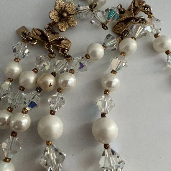 Vintage Vendome 3 Strand Faux Pearl AB Crystal Gold Filigree Necklace Earrings - Picture 13 of 15